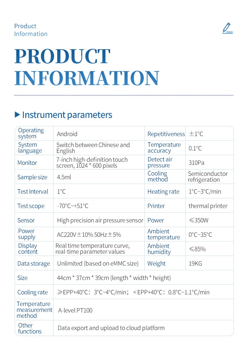 HM-NQ instrument parameters table with temperature and power specifications