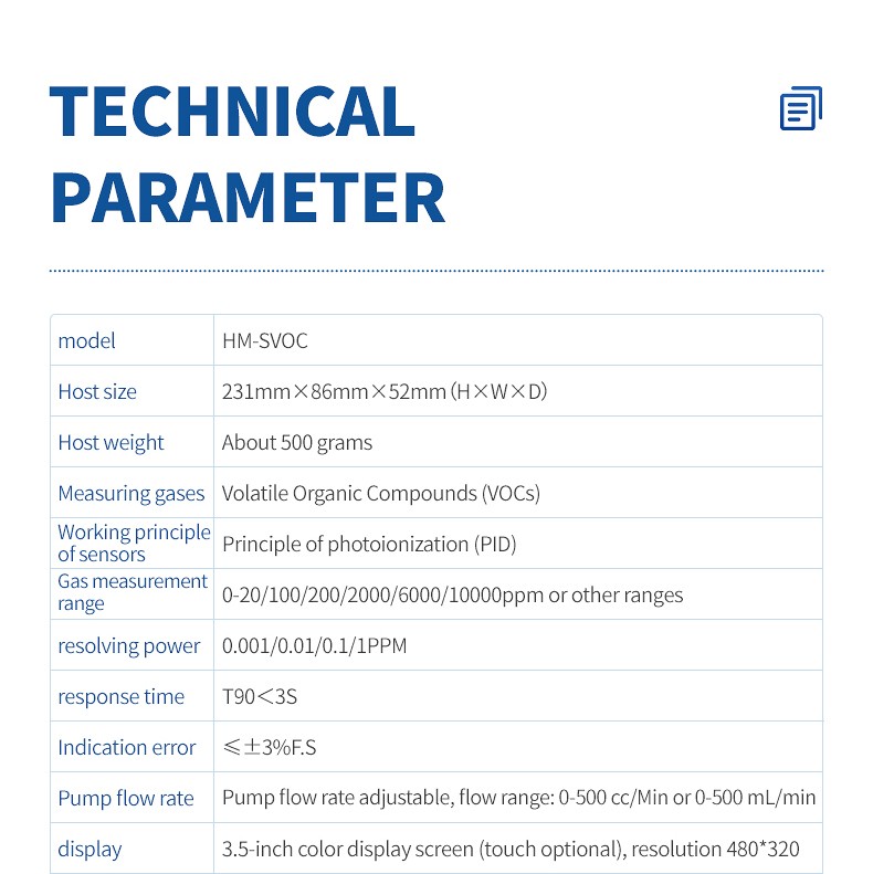 HM-SVOC technical parameter table showing core measurement specifications