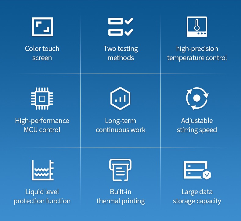 Kinematic viscosity tester feature icons for touchscreen and temperature control