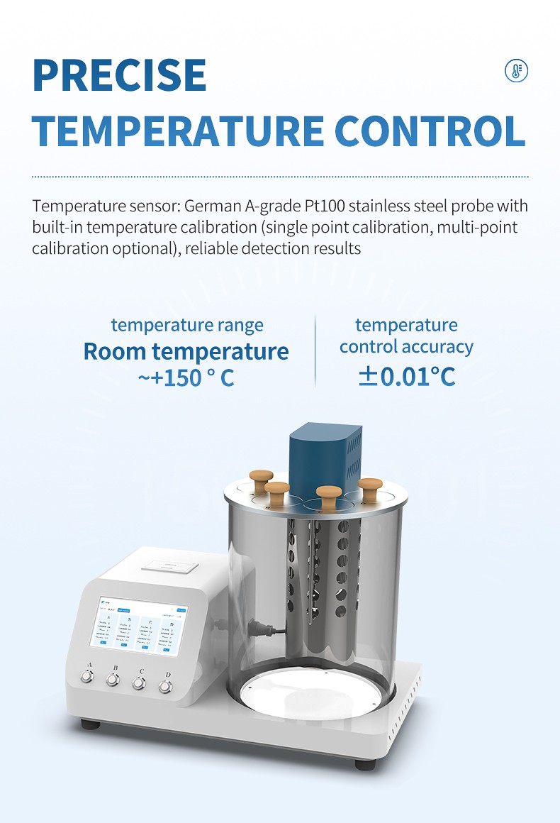 Kinematic viscosity tester showing precise temperature control and Pt100 sensor