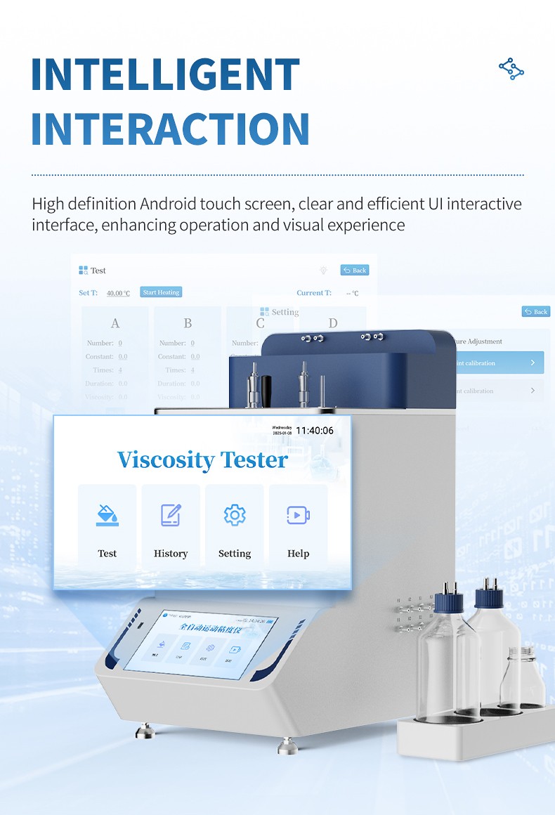 Automatic kinematic viscometer with Android touchscreen interface and sample bottles