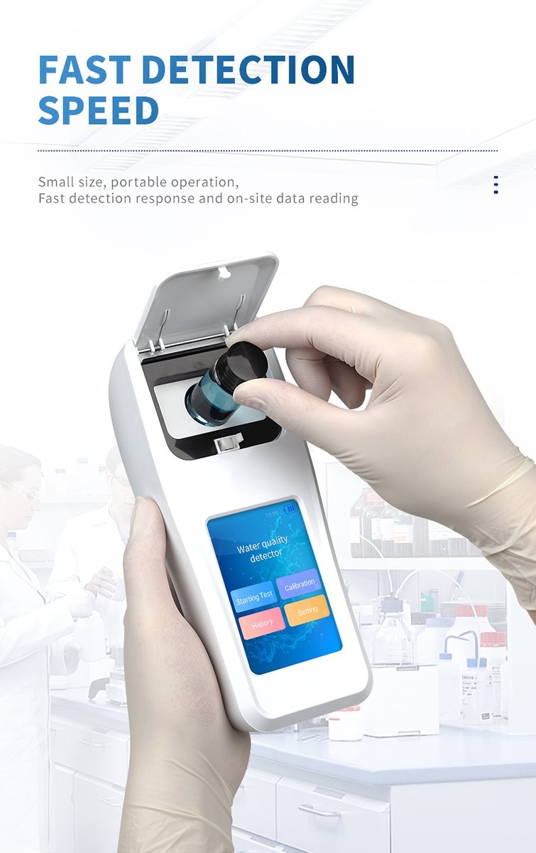 Laboratory technician conducting rapid ammonia nitrogen determination using compact handheld optical analyzer