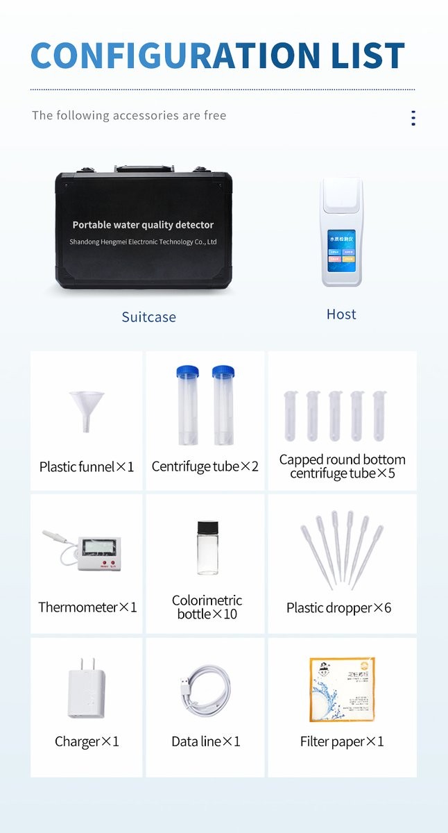Complete instrument packaging list with rugged carrying suitcase, host unit, and testing accessories