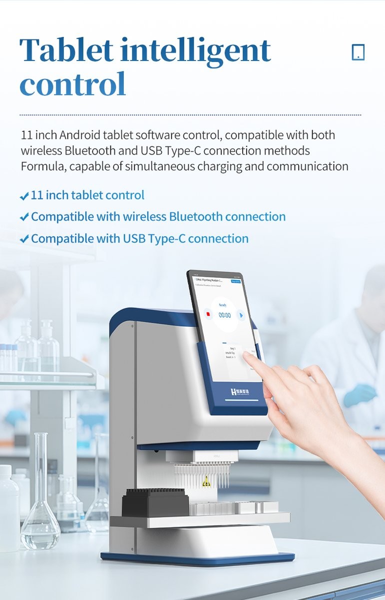 11-inch Android tablet touchscreen software interface for intuitive pipetting protocol programming