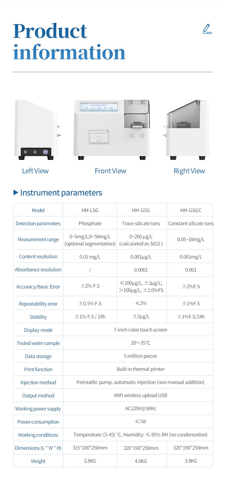 Analyzer front, left and right views with instrument parameter table