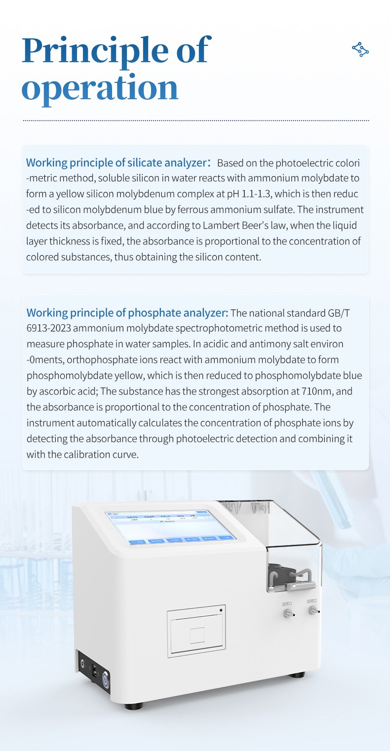 Photoelectric colorimetric principles for silicate and phosphate analysis