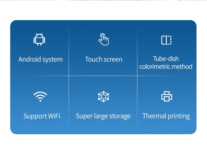 Core features including Android system, touch screen, tube-dish colorimetry, WiFi support, large storage and thermal printing