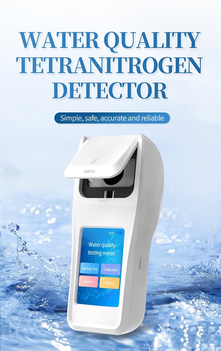 Water quality tetranitrogen detector overview with handheld testing meter and water splash background