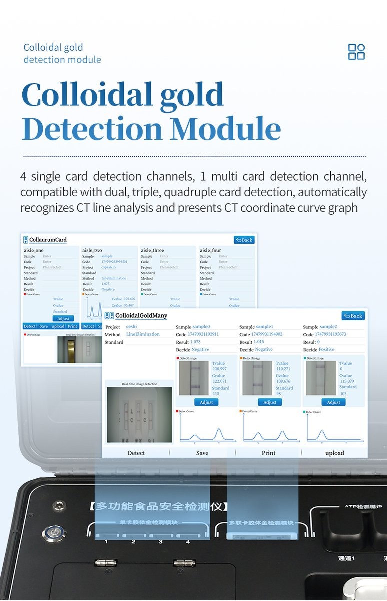 Colloidal gold immunoassay module featuring 4 single-card channels and 1 multi-card channel with automated CT line curve analysis