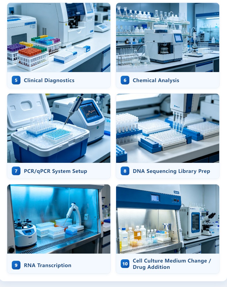 Liquid handling application fields including clinical diagnostics, chemical analysis, PCR setup, and DNA library preparation