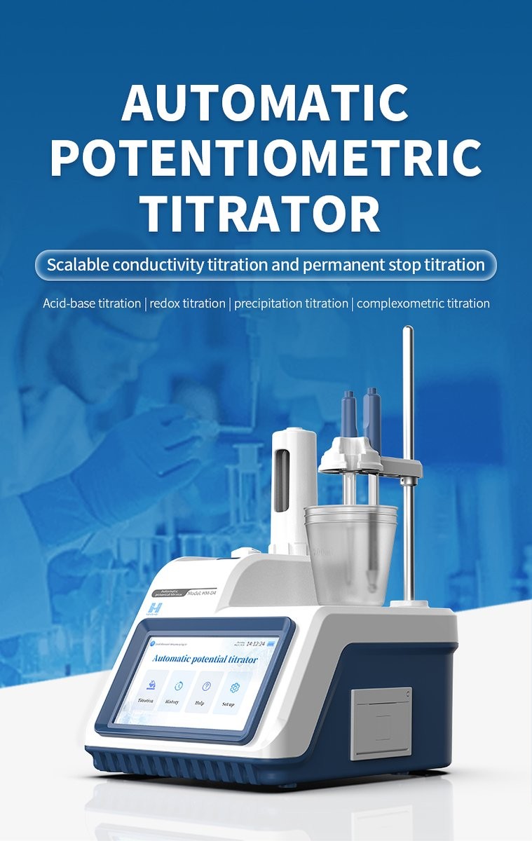 HM Instruments automatic potentiometric titrator with burette, titration beaker, touch screen, and scalable conductivity and permanent stop titration