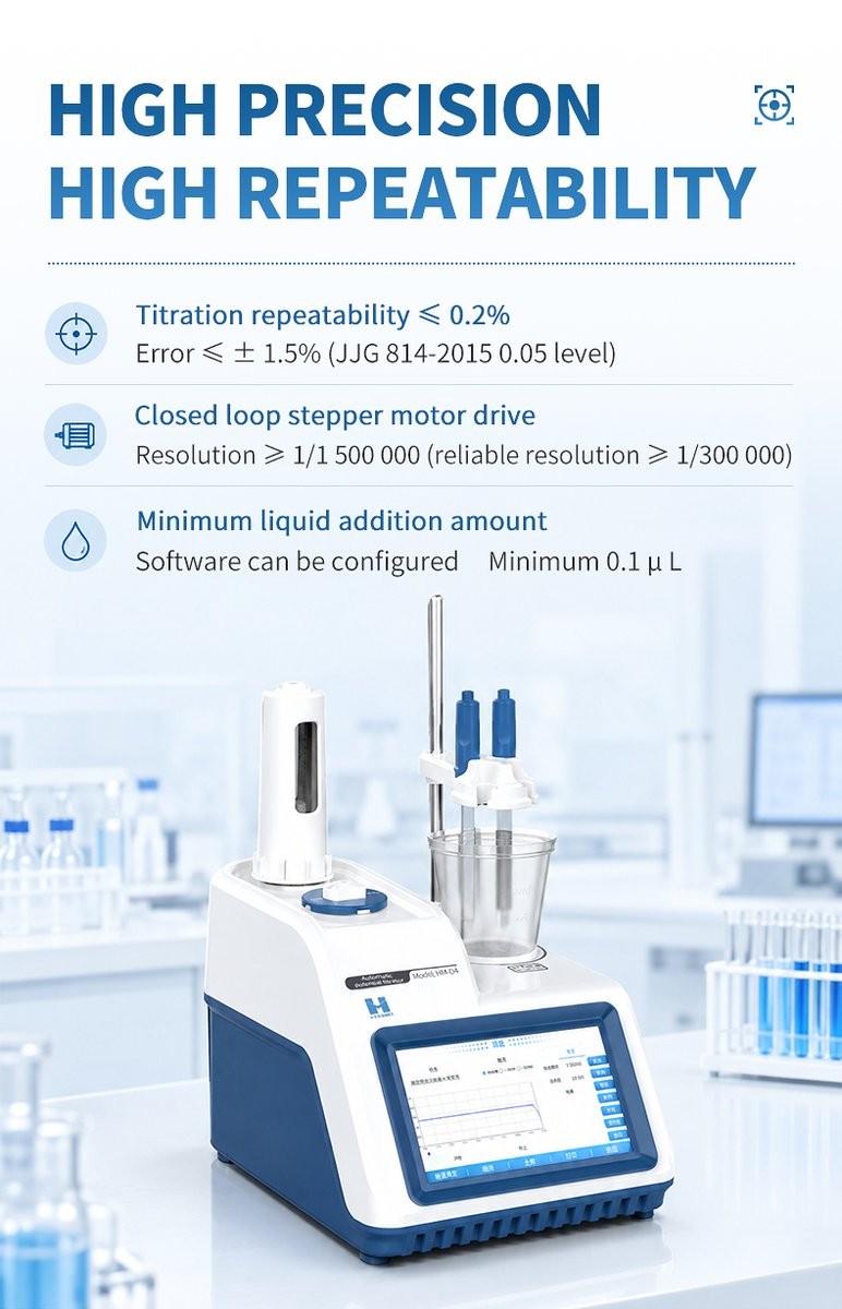 High precision closed-loop stepper motor drive with titration repeatability within 0.2 percent and minimum addition volume of 0.1 microliter