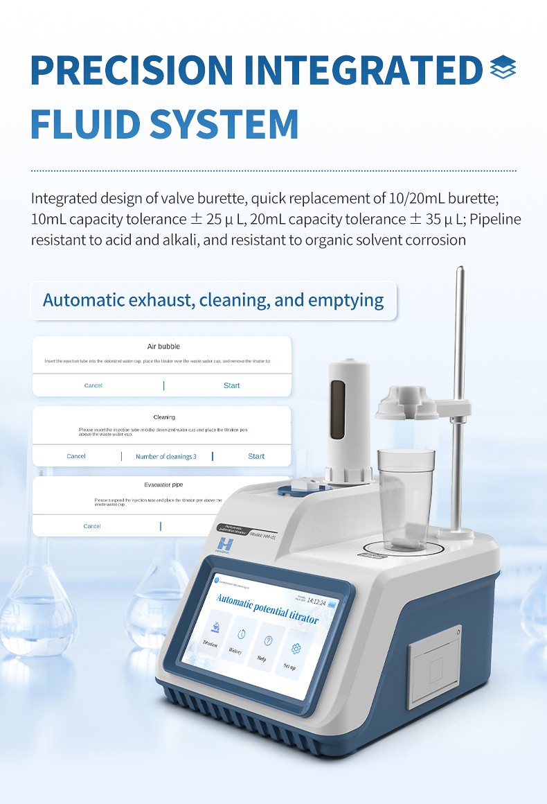 Precision integrated fluid system with quick-swap 10mL and 20mL burettes, chemical-resistant pipelines, and automatic cleaning