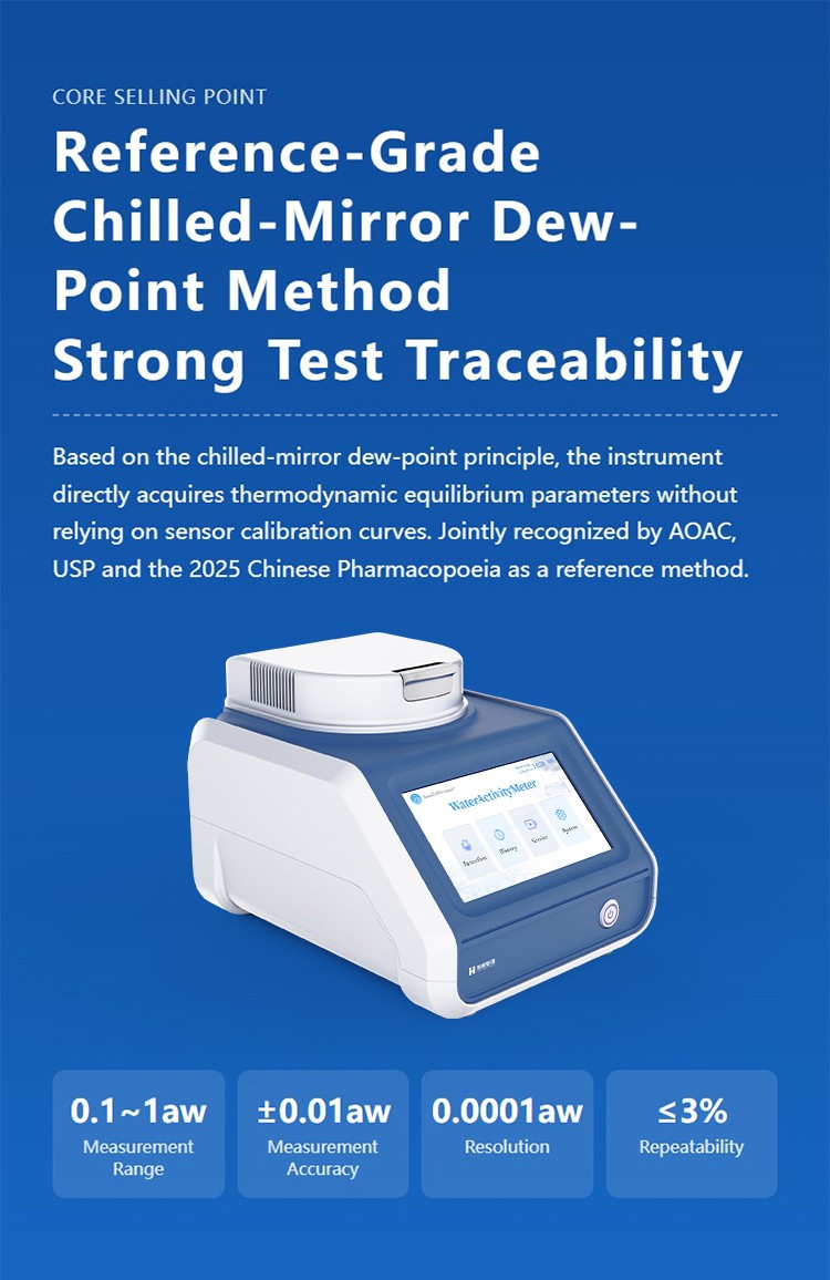 Reference-grade chilled-mirror dew-point method specifications with 0.1 to 1 aw range and plus-minus 0.01 aw accuracy