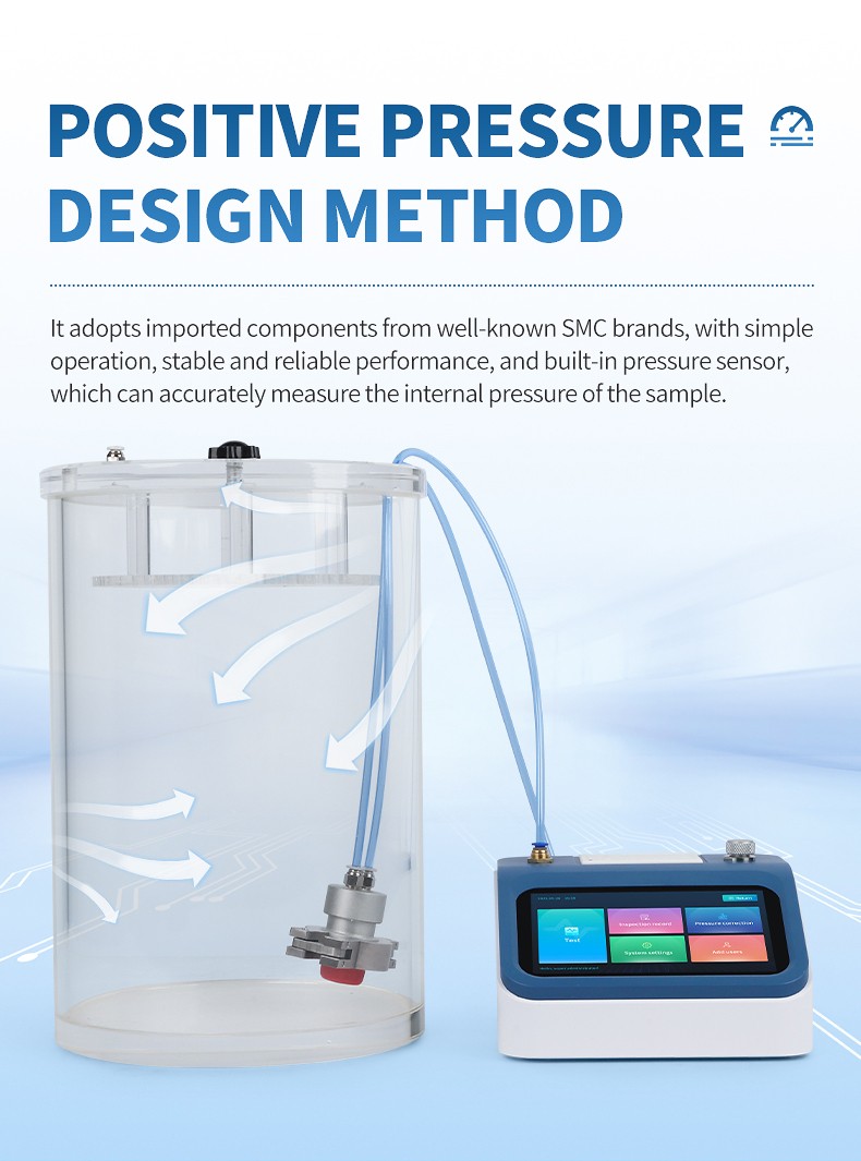 Positive pressure test method schematic with imported SMC components and internal pressure sensor inside transparent seal chamber