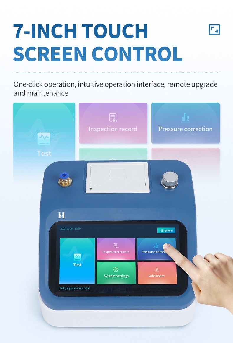 Close-up of the 7-inch color touchscreen control interface showing test execution, inspection records, and calibration menu