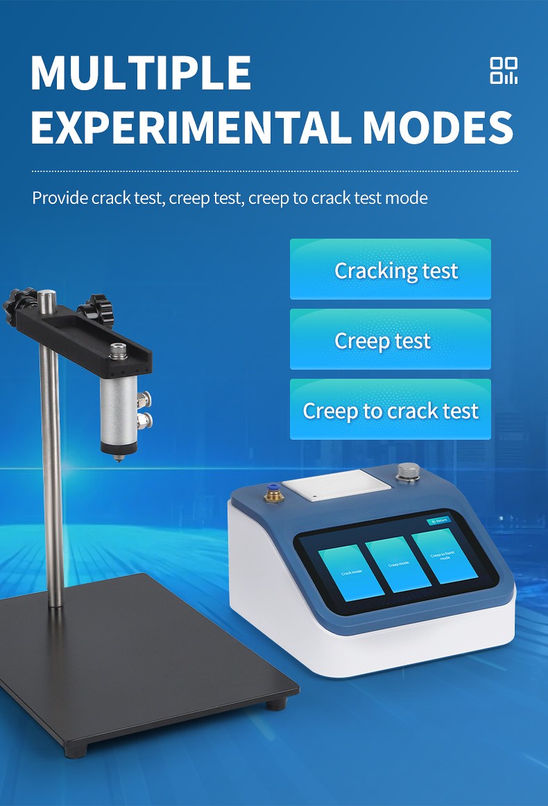 Three experimental testing modes including cracking test, creep test, and creep to crack test mode with test fixture stand