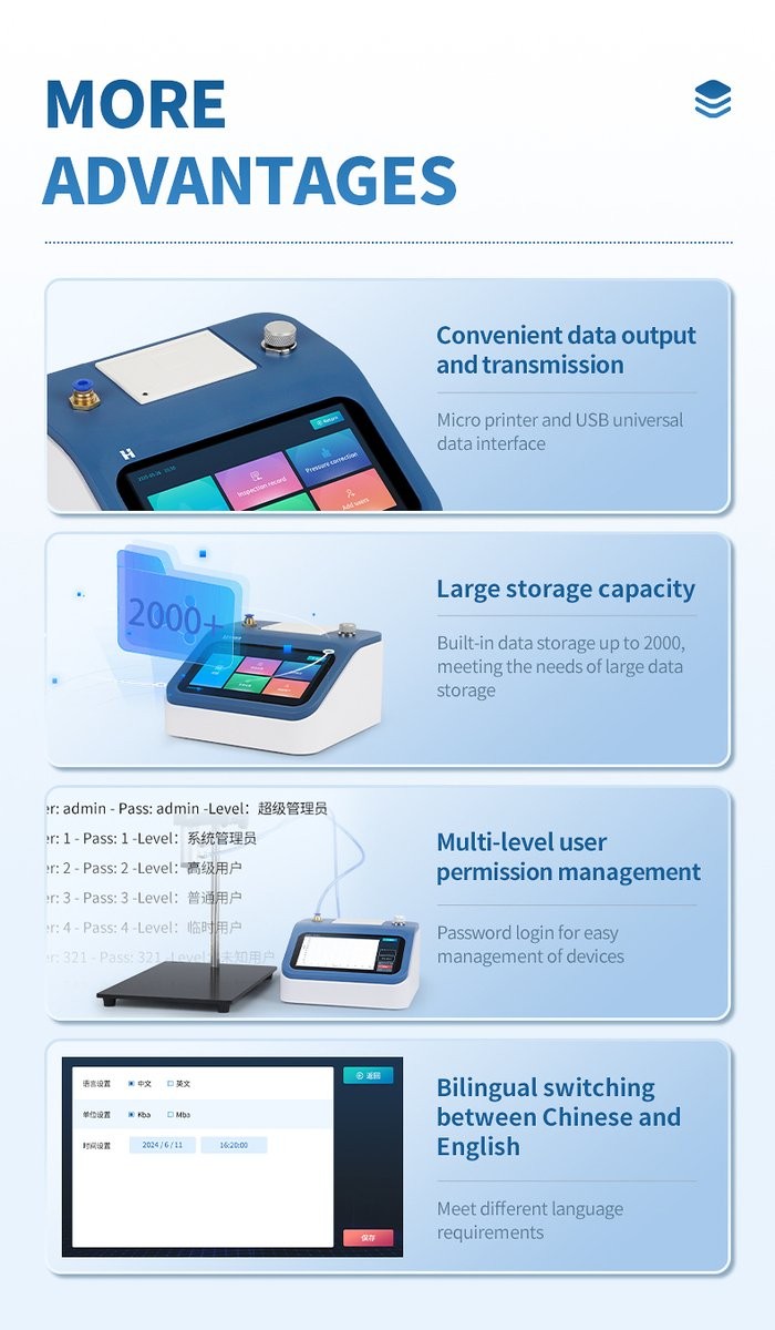 Key system advantages including micro printer, USB data interface, 2000-entry storage, multi-level permissions, and bilingual interface