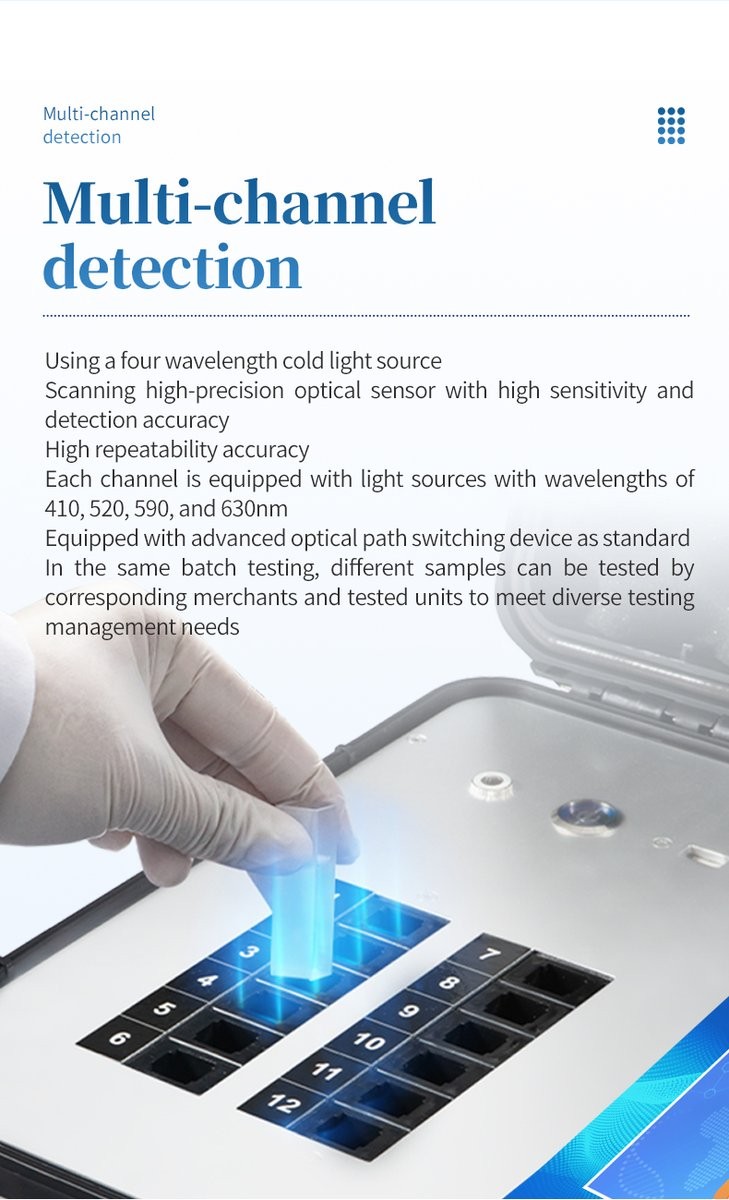 Multi-channel optical detection system with 12 channels and four-wavelength cold light source at 410, 520, 590, and 630 nm with cuvette insertion