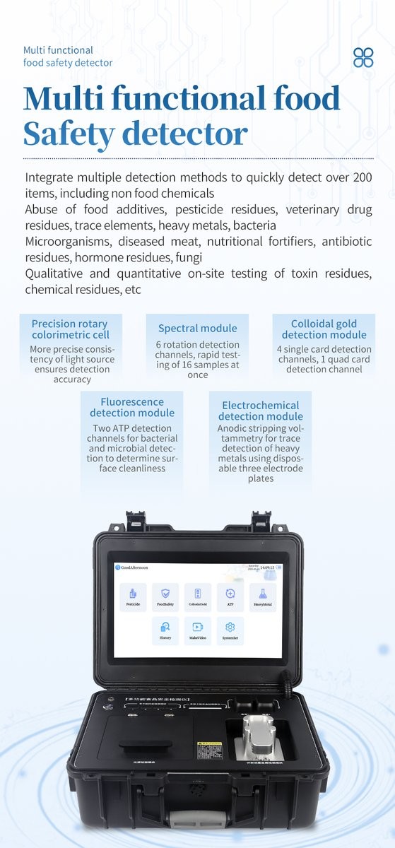 Multi-functional food safety testing instrument structure overview showing precision rotary colorimetric cell, spectral module, and multi-mode detection capabilities