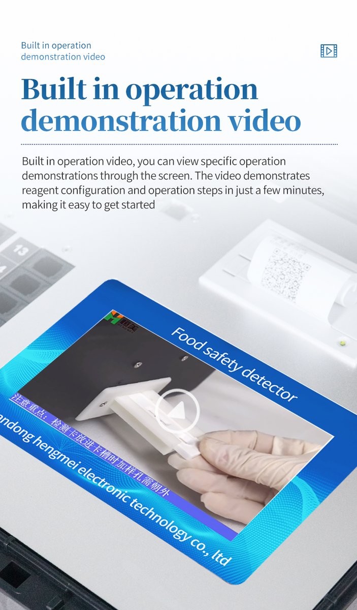 Screen demonstration of built-in operational training video guiding users through test card placement and reagent steps