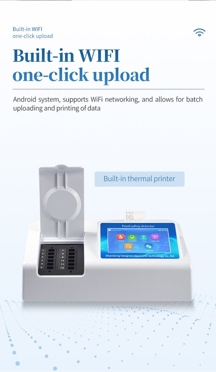 Built-in Wi-Fi connectivity and one-click data transmission function displayed on benchtop food safety detector