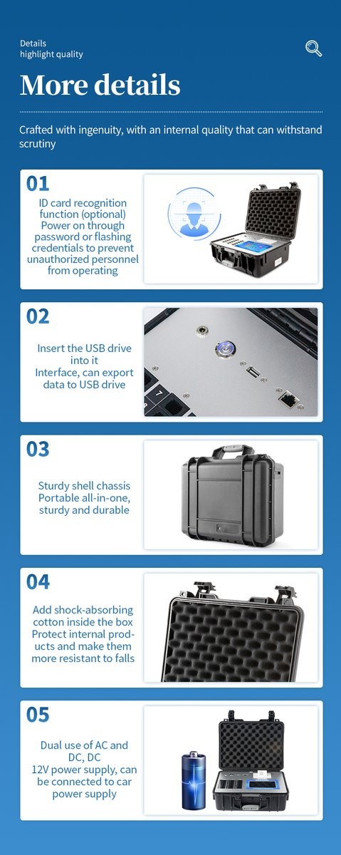 Instrument hardware details showing optional ID card recognition, USB data export port, rugged suitcase chassis, and shock-absorbing foam