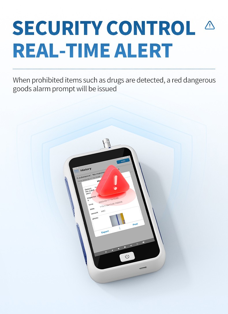 Real-time safety control alert showing a red dangerous goods alarm when prohibited substances are detected