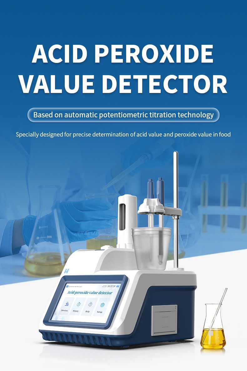 Acid peroxide value detector on a laboratory bench with glassware and a flask of oil