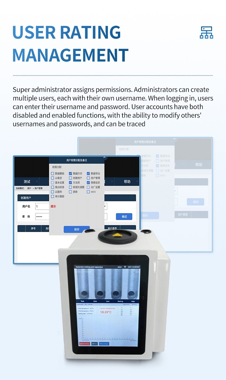 User account and permission management on the melting point meter