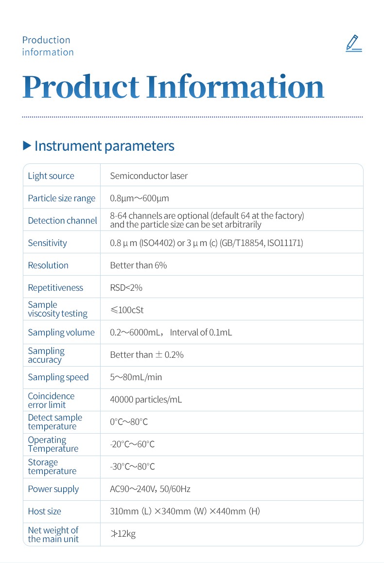 Liquid particle counter instrument specification table