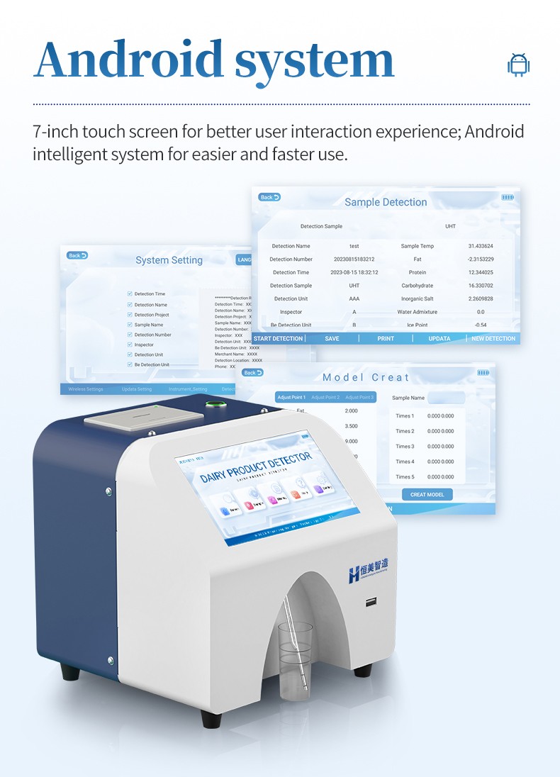 Seven-inch Android touchscreen and milk analysis software interfaces
